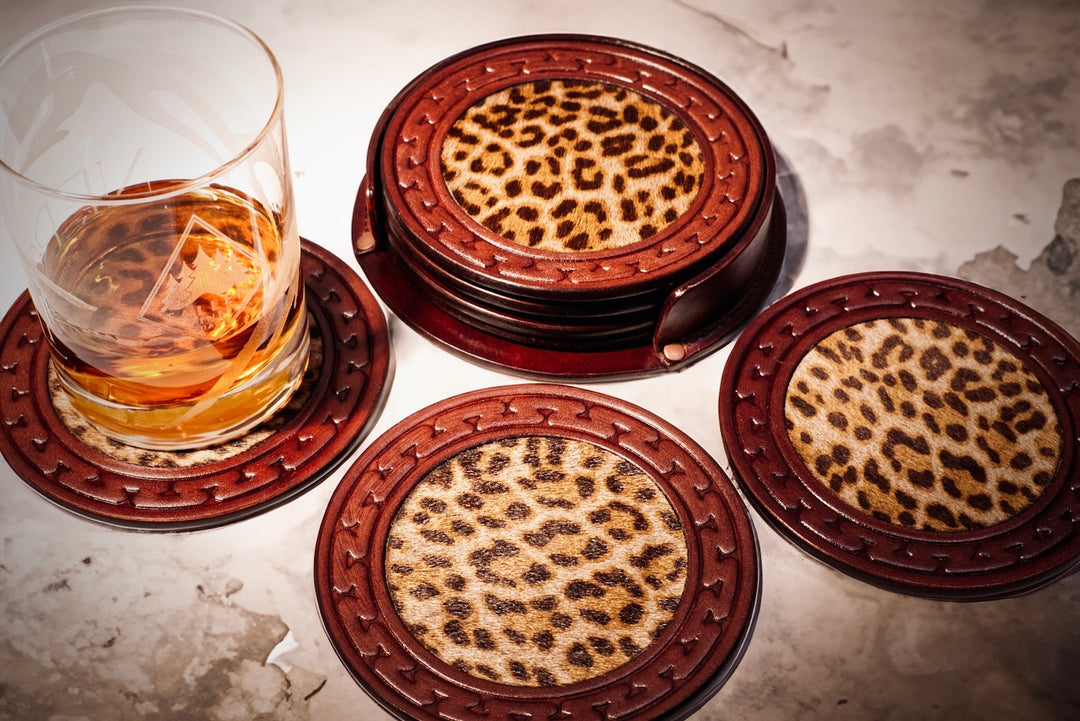 5" Limited Edition Hair-on-Hide Leather Coaster Set w/Holder
