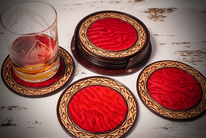 5" Limited Edition Hair-on-Hide Leather Coaster Set w/Holder