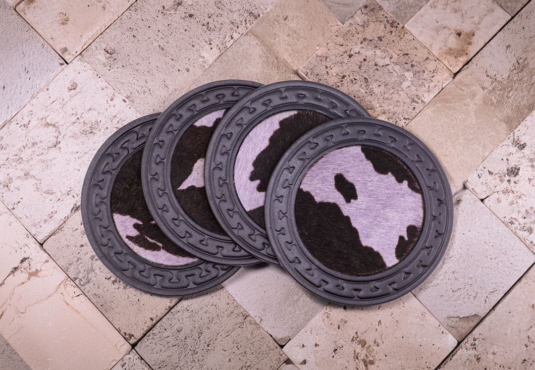 5" Limited Edition Hair-on-Hide Leather Coaster Set w/Holder