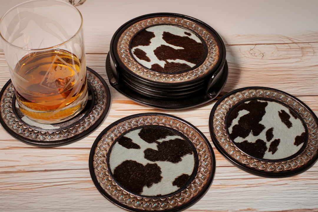 5" Limited Edition Hair-on-Hide Leather Coaster Set w/Holder