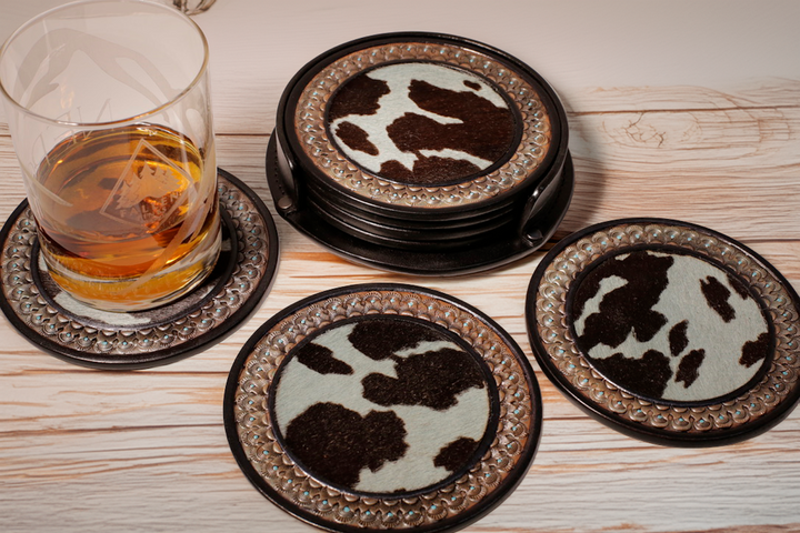 5" Limited Edition Hair-on-Hide Leather Coaster Set w/Holder