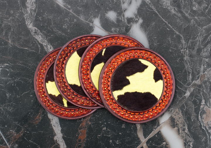 5" Limited Edition Hair-on-Hide Leather Coaster Set w/Holder