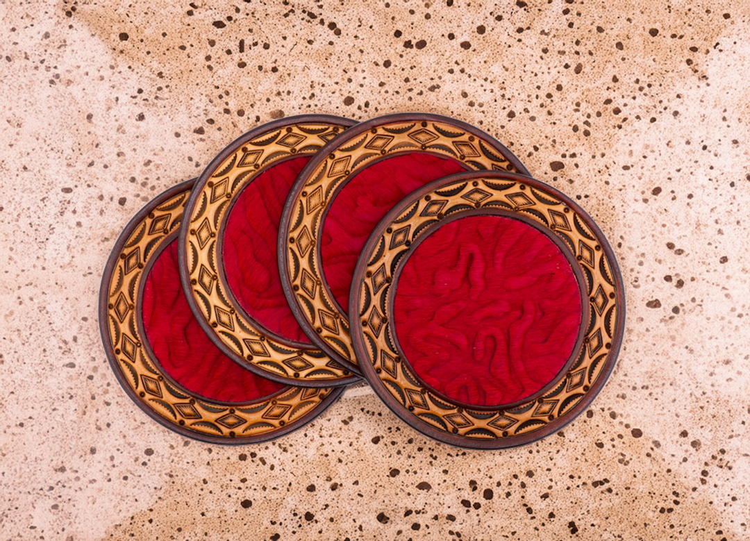 5" Limited Edition Hair-on-Hide Leather Coaster Set w/Holder