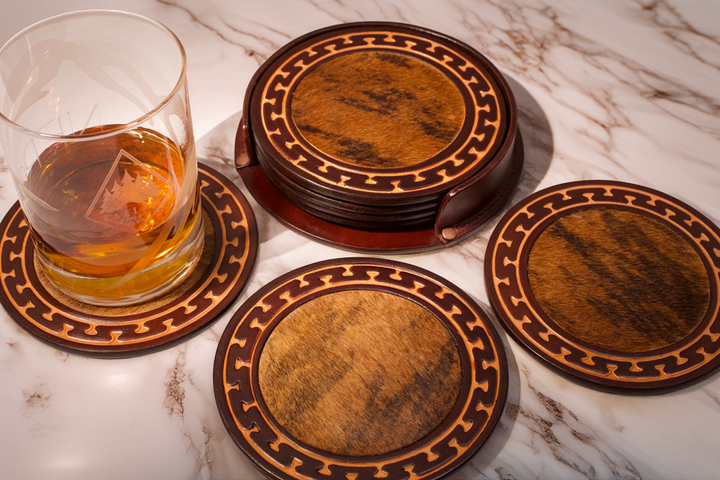 5" Limited Edition Hair-on-Hide Leather Coaster Set w/Holder