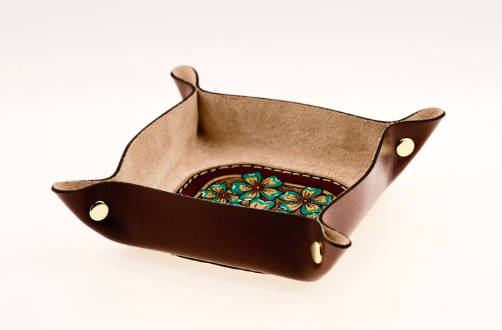 Wildflower Small Leather Valet - Hand-Tooled Organizer Tray
