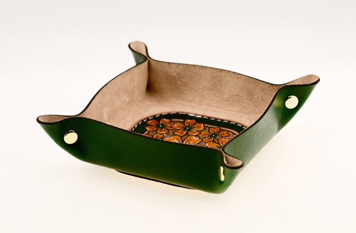 Wildflower Small Leather Valet - Hand-Tooled Organizer Tray