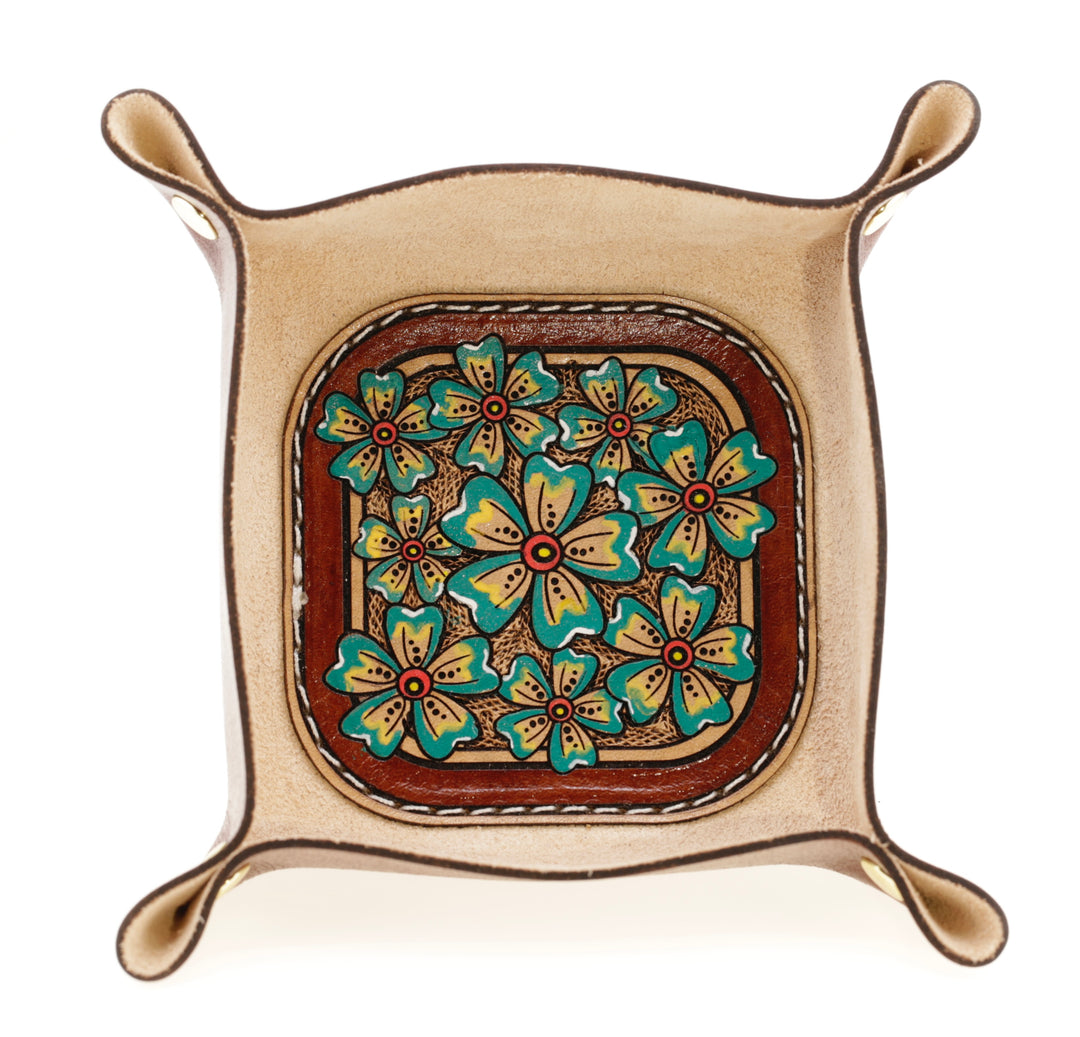 Wildflower Small Leather Valet - Hand-Tooled Organizer Tray