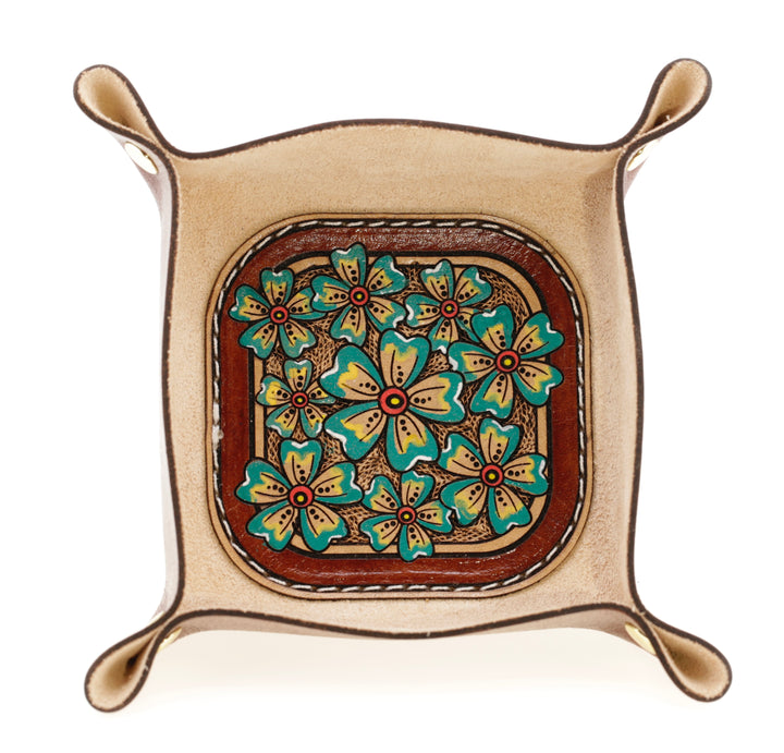 Wildflower Small Leather Valet - Hand-Tooled Organizer Tray