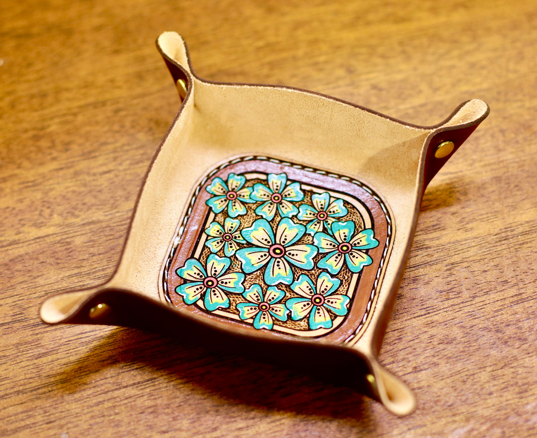 Wildflower Small Leather Valet - Hand-Tooled Organizer Tray
