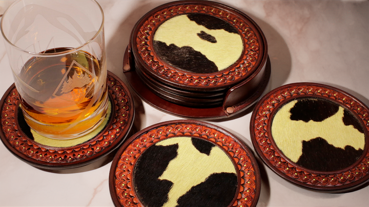 5" Limited Edition Hair-on-Hide Leather Coaster Set w/Holder