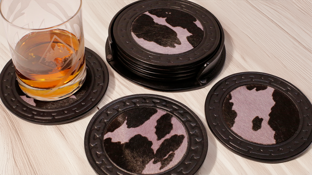 5" Limited Edition Hair-on-Hide Leather Coaster Set w/Holder