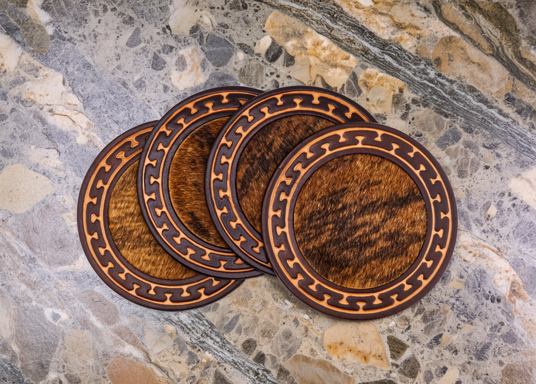 5" Limited Edition Hair-on-Hide Leather Coaster Set w/Holder