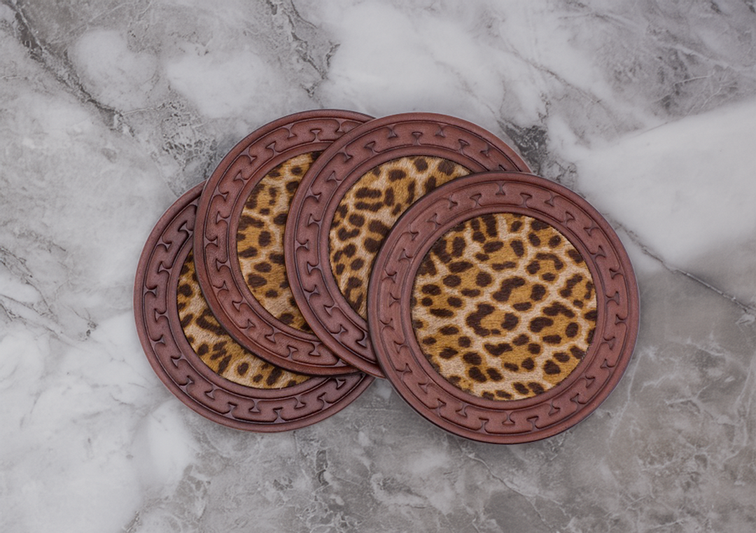 5" Limited Edition Hair-on-Hide Leather Coaster Set w/Holder