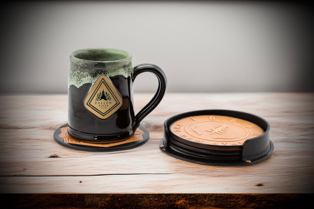 5" Leather Idaho Coaster Set with Holder - Full-Grain Leather
