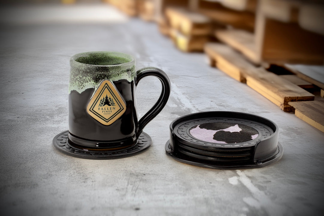 5" Limited Edition Hair-on-Hide Leather Coaster Set w/Holder
