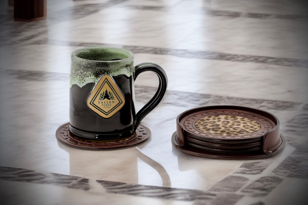 5" Limited Edition Hair-on-Hide Leather Coaster Set w/Holder