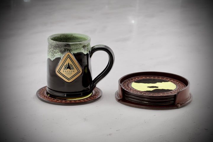 5" Limited Edition Hair-on-Hide Leather Coaster Set w/Holder