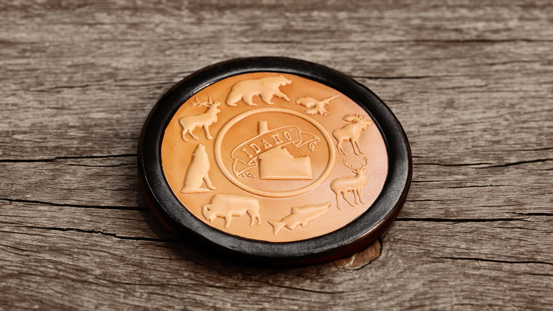 5" Leather Idaho Coaster Set with Holder - Full-Grain Leather