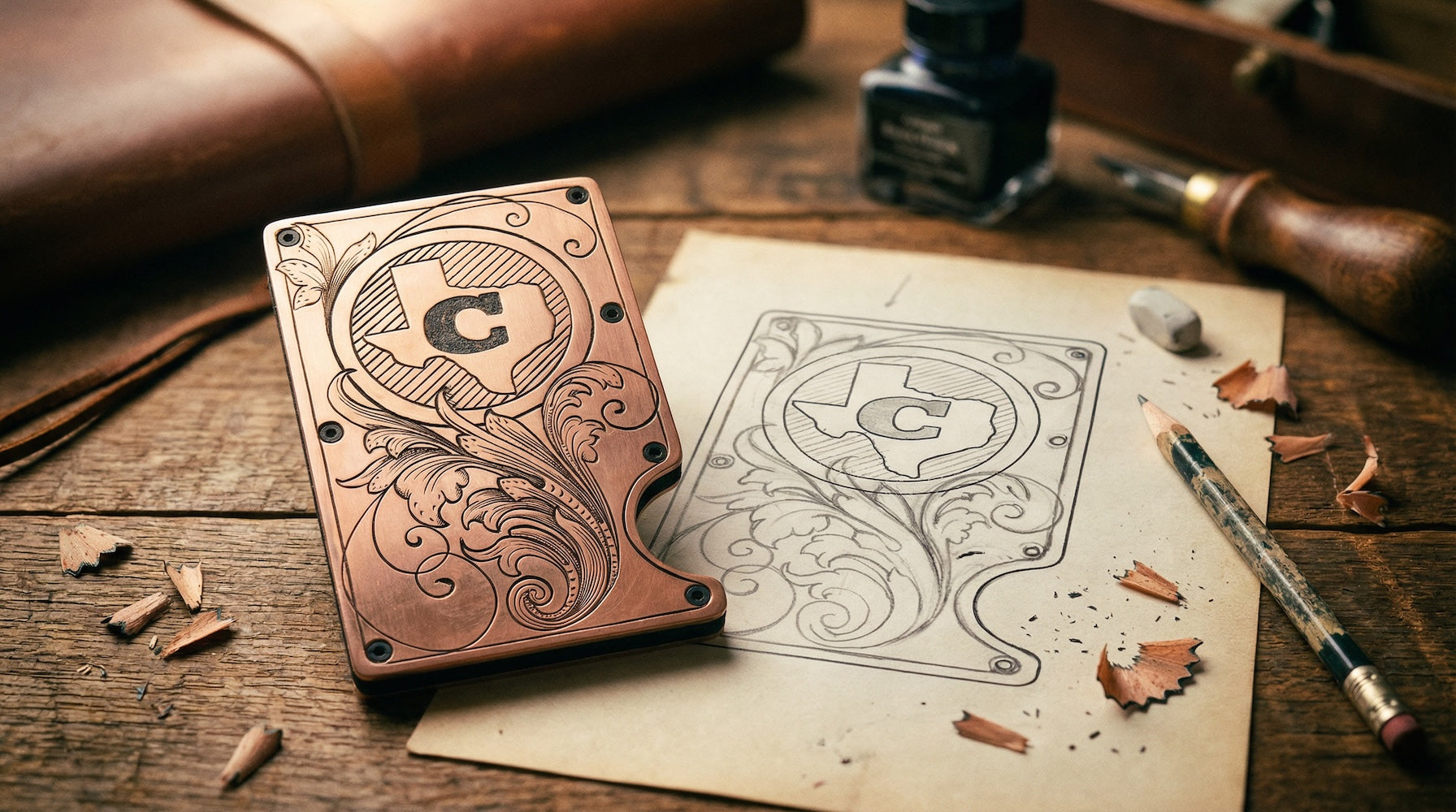 Decorative leather card with intricate designs on a wooden surface with ink bottle and pencil.