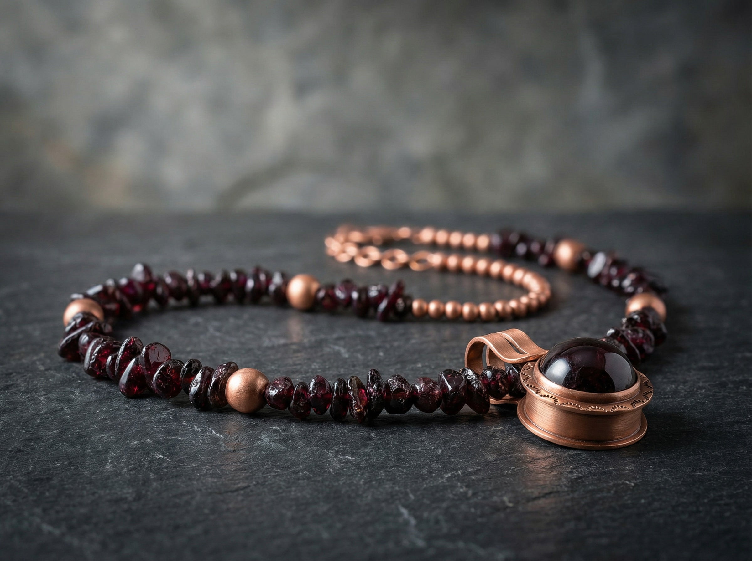 Necklace with garnet stones and copper clasp on a dark surface