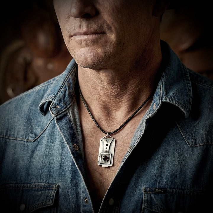 Man wearing a denim jacket with a necklace featuring a pendant.