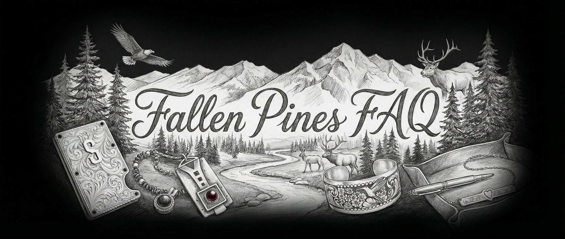 Black and white illustration of a mountain landscape with trees, animals, and a banner with 'Fallen Pines FAQ'.