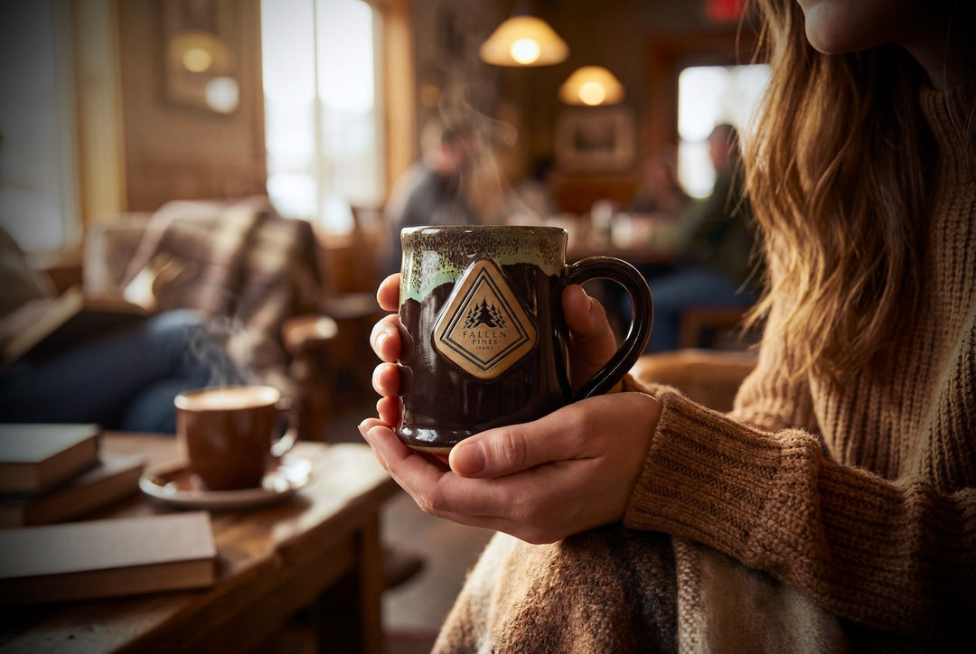 Person holding a mug with a logo in a cozy indoor setting