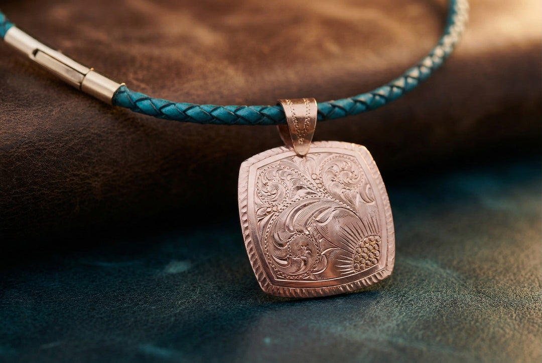 Bronze pendant on a turquoise braided cord against a brown leather background