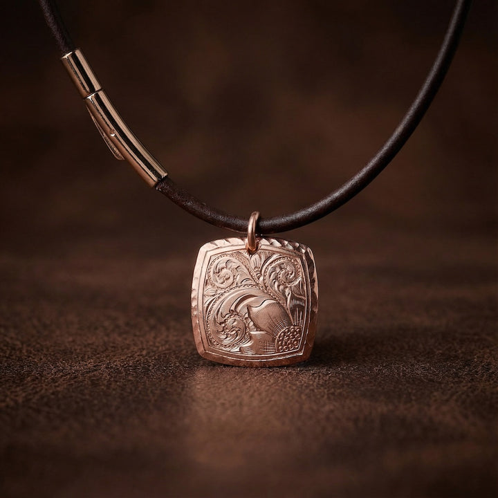 Decorative pendant on a leather cord against a brown background