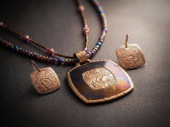 Gold necklace and earrings on a dark surface