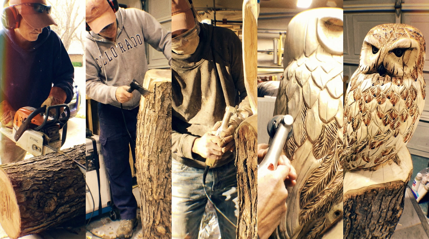 Collage of a person carving an owl out of wood, with close-ups of the owl and the carving process.